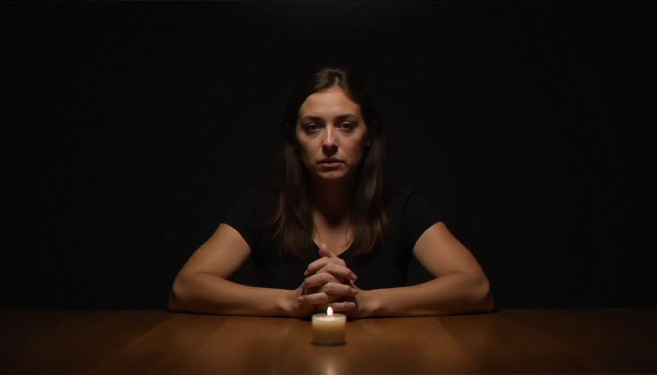 Femme seule à une table à la lumière d'une bougie, illustrant la vulnérabilité face à un medium et la nécessité de se protéger