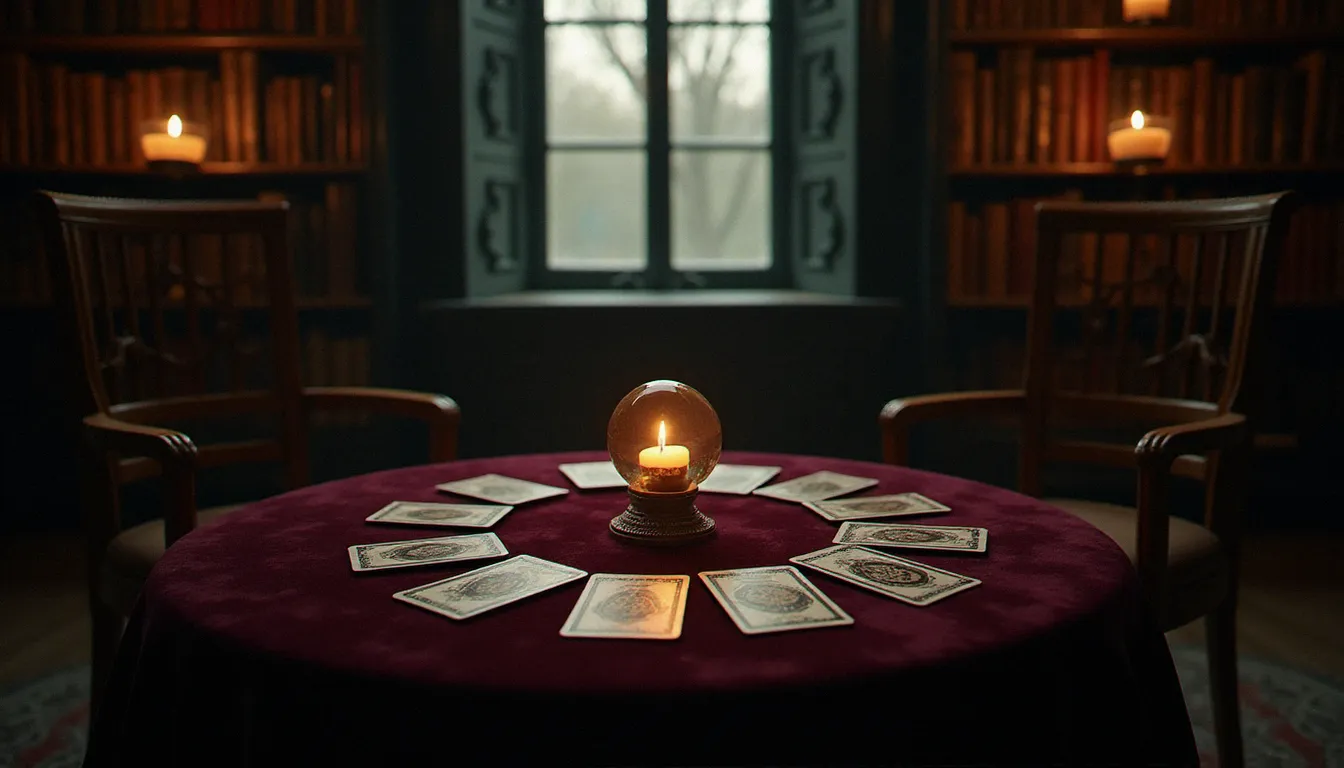 Une table de consultation médiumnique avec des cartes de tarot et une boule de cristal, représentant les pratiques des voyants et médiums en France