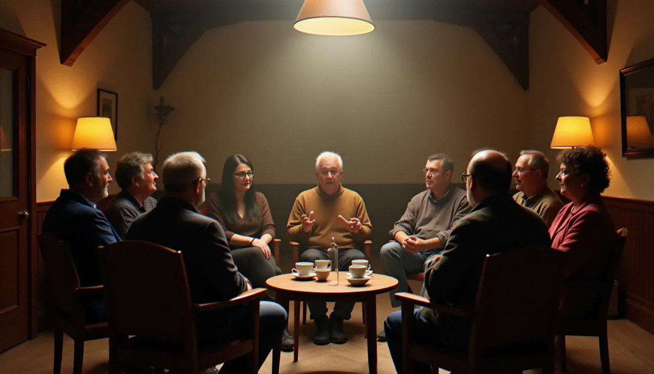 Un groupe de soutien communautaire réuni en cercle dans une salle associative, alternative humaine et solidaire face aux dérives médiumniques en France