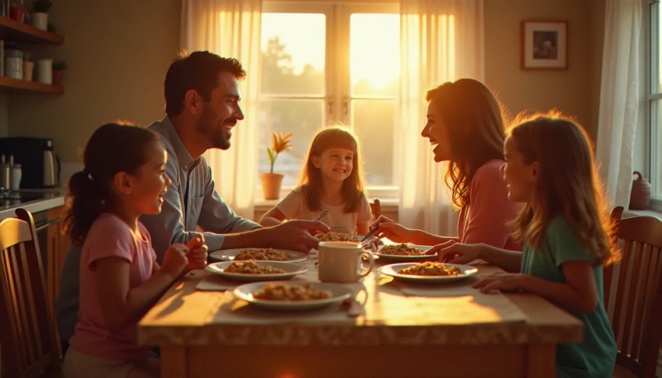 Une famille unie autour d'un petit-déjeuner dans une cuisine chaleureuse, illustration des liens familiaux ordinaires au cœur de la série Medium