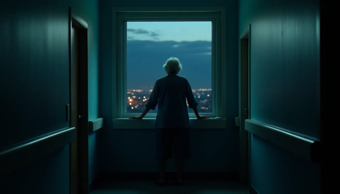 Une femme âgée seule dans un couloir d'hôpital la nuit devant une fenêtre, image évoquant la solitude du deuil et la mémoire au cœur du meilleur épisode de Medium