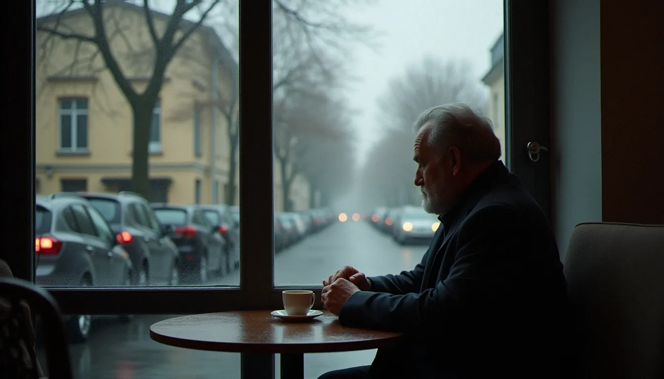 Personne pensive et solitaire devant une fenêtre pluvieuse dans un café français en automne, illustrant la soif spirituelle profonde qui pousse des millions de Français à chercher un medium