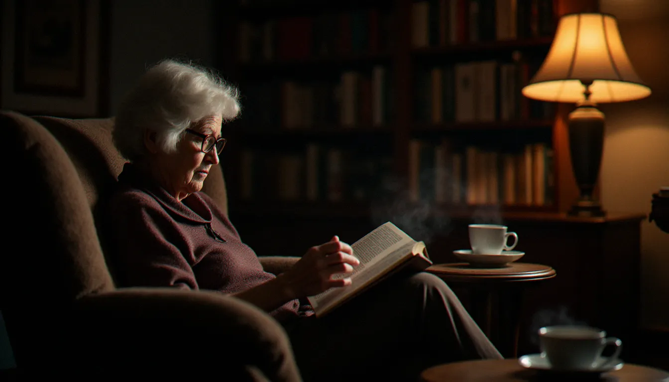 Une femme âgée lisant recueillie dans un fauteuil sous la lumière d'une lampe, entourée de livres, illustrant la lecture intime des ouvrages sur les médiums