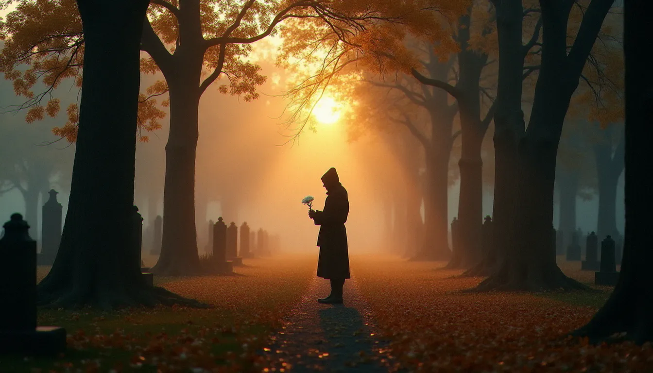 Une silhouette solitaire debout dans un vieux cimetière au crépuscule tenant une fleur blanche, image symbolisant la connexion entre les vivants et les défunts explorée dans la littérature médiumnique