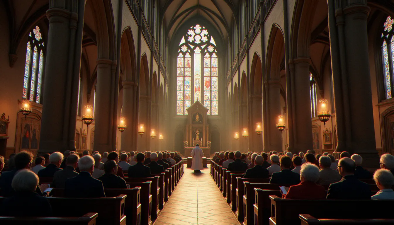 Intérieur d'une cathédrale gothique lors d'une messe dominicale, illustrant la pratique chrétienne au sein de la religion qui compte le plus de fidèles