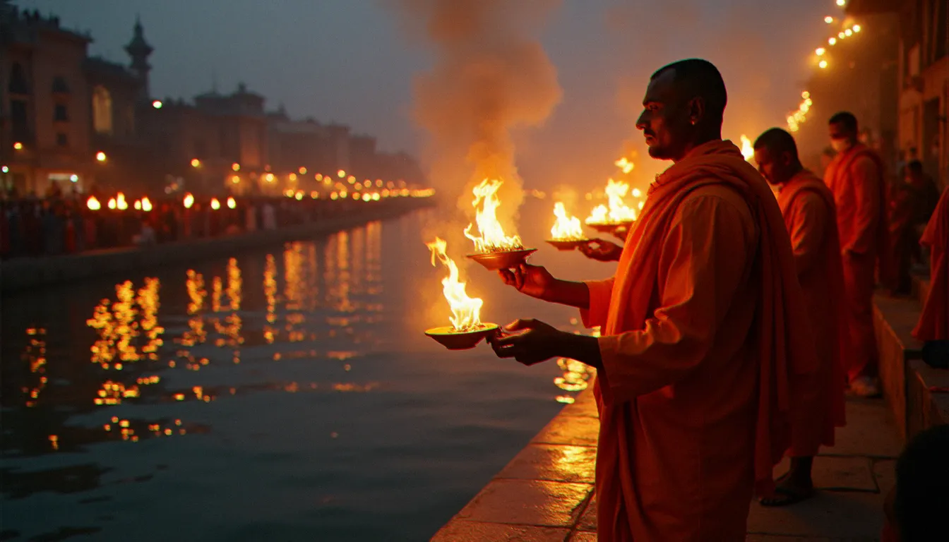 Cérémonie de l'aarti hindoue au bord du Gange à Varanasi au crépuscule, symbolisant la richesse spirituelle de l'hindouisme troisième religion mondiale par le nombre de fidèles