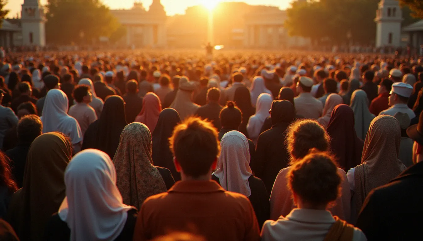 Foule de fidèles de différentes religions rassemblés sur une place publique au coucher du soleil, illustrant la diversité des religions avec le plus de fidèles dans le monde