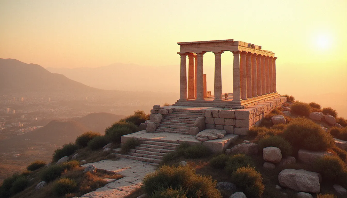 Ruines d'un temple grec antique au lever du soleil, symbole de la religion polythéiste grecque et de ses multiples dieux olympiens