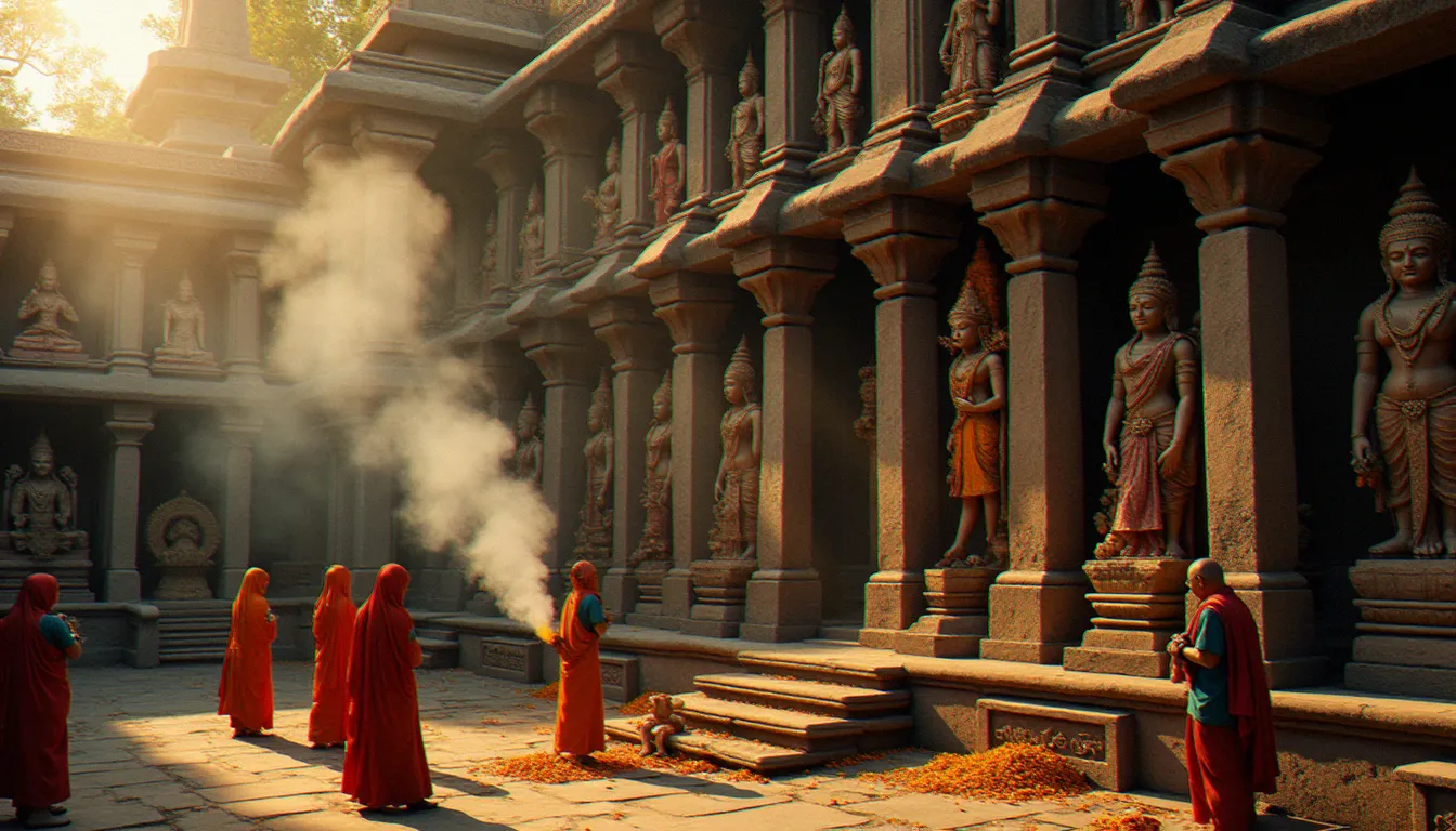 Temple polythéiste avec statues de plusieurs divinités représentant une religion avec plusieurs dieux, fidèles en prière au coucher du soleil