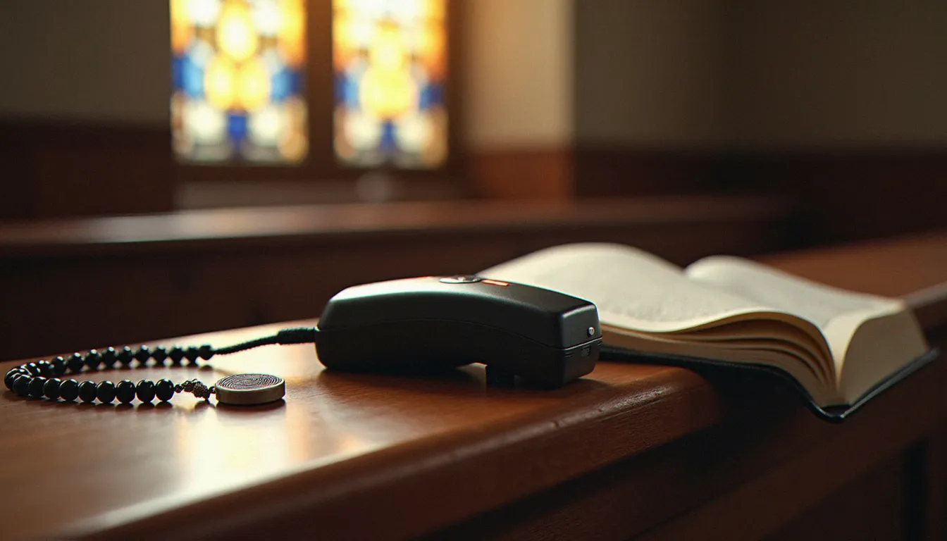 Scanner biométrique posé sur un banc d'église à côté d'un chapelet, symbolisant les enjeux des données biologiques pour les communautés religieuses