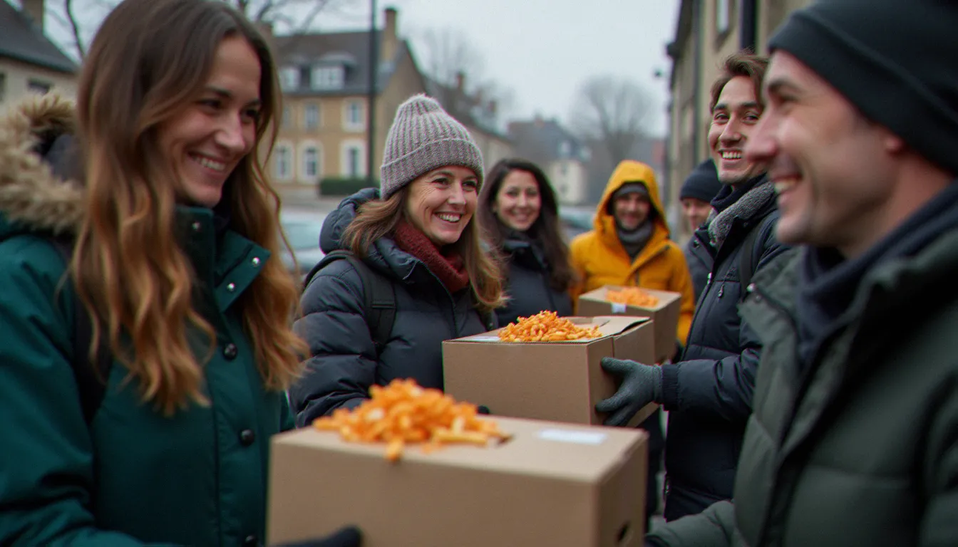 Bénévoles d'associations religieuses distribuant des colis alimentaires dans une ville française, représentant la solidarité concrète portée par la foi