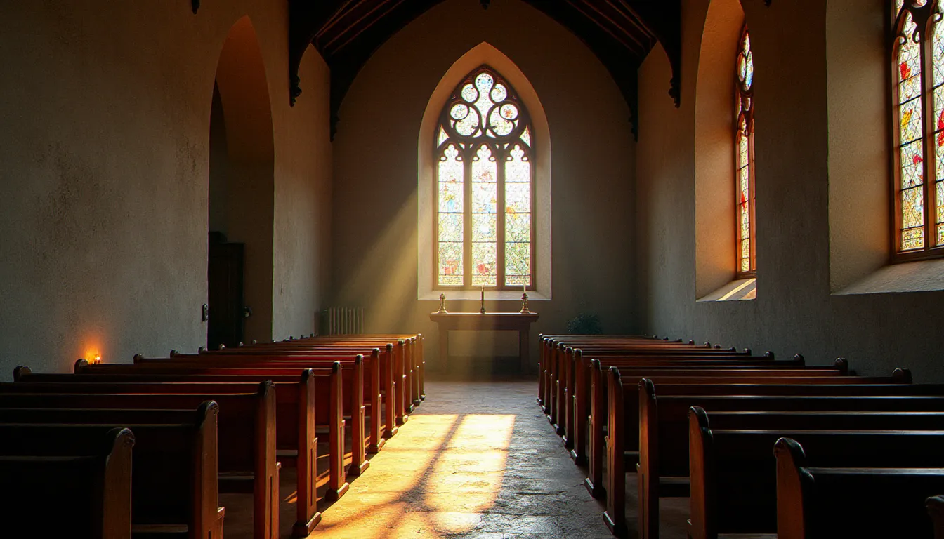 Intérieur d'une église de campagne française en 2024, lumière matinale traversant les vitraux, illustrant la religion en France aujourd'hui