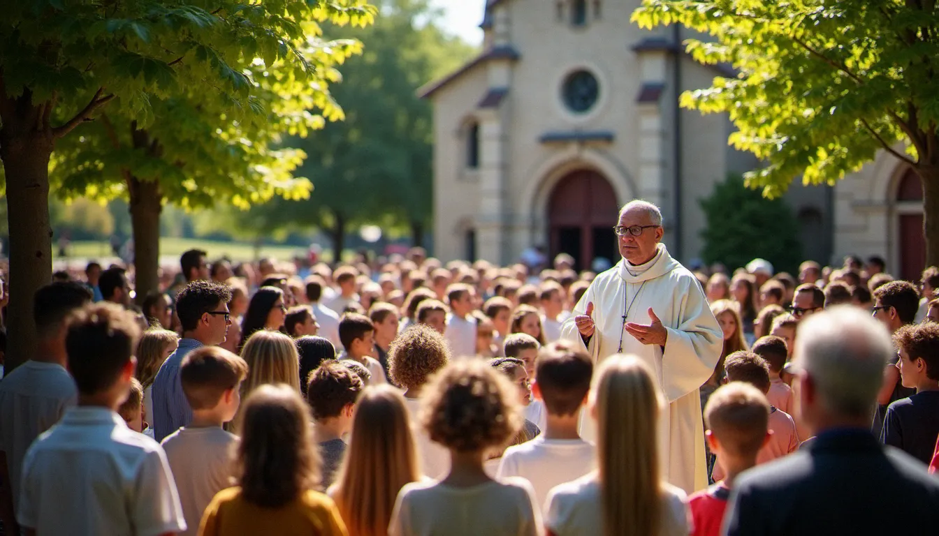 Messe en plein air dans un village français, illustrant la pratique catholique contemporaine en France