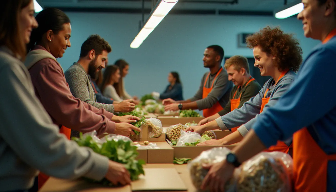 Bénévoles d'horizons religieux divers travaillant ensemble dans une banque alimentaire française, incarnant la solidarité interconfessionnelle
