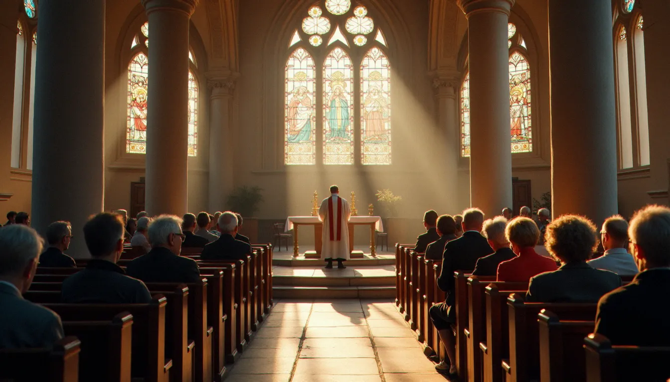 Intérieur d'une église catholique française lors d'une messe dominicale avec une assemblée réduite de fidèles âgés, symbolisant le recul de la pratique religieuse catholique