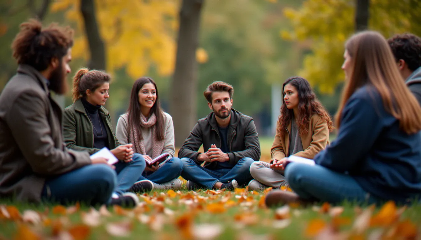 Groupe de jeunes adultes français en cercle dans un parc urbain, engagés dans une discussion spirituelle informelle, illustrant la quête de sens des nouvelles générations face à la religion de demain