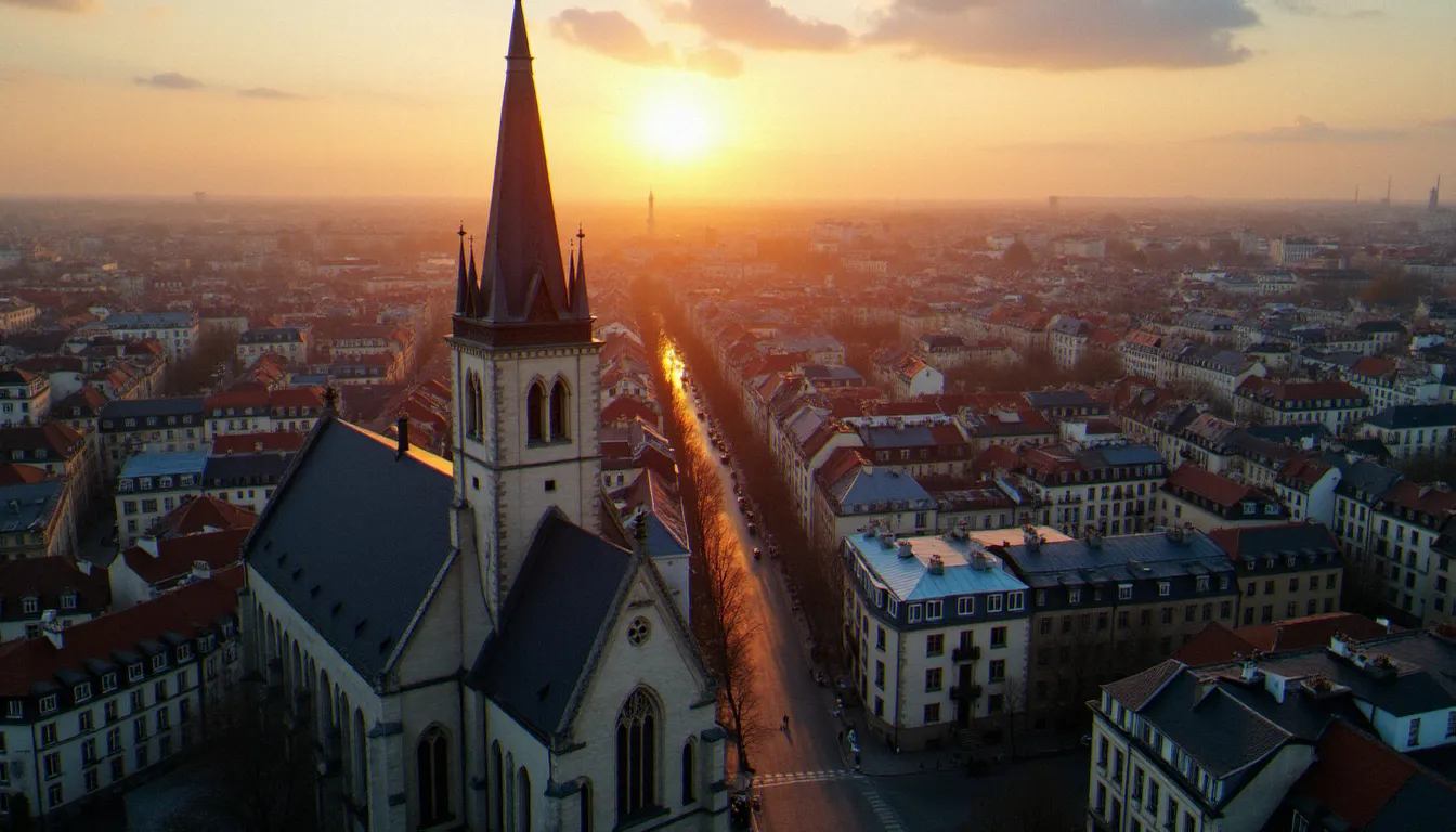 Vue aérienne d'une ville française au crépuscule avec un clocher d'église entouré d'immeubles modernes, illustrant la religion en France à l'horizon 2050