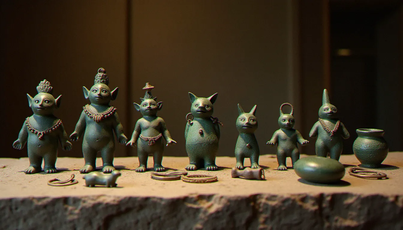 Figurines votives et offrandes rituelles gauloises en bronze disposées sur pierre, représentant des divinités et objets du panthéon celtique gaulois avant le christianisme