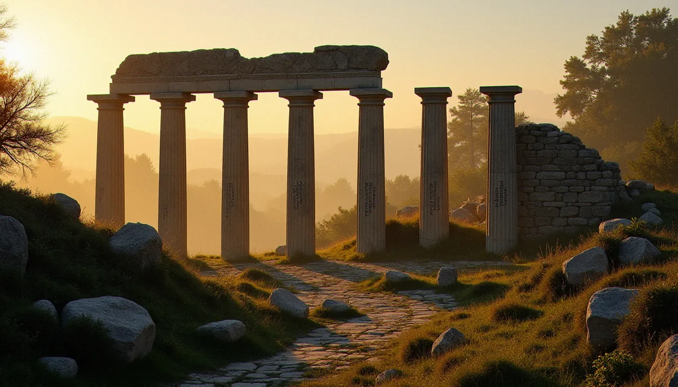 Ruines d'un temple gallo-romain en France avec colonnes de pierre et inscriptions votives, vestige du syncrétisme religieux entre divinités gauloises et romaines
