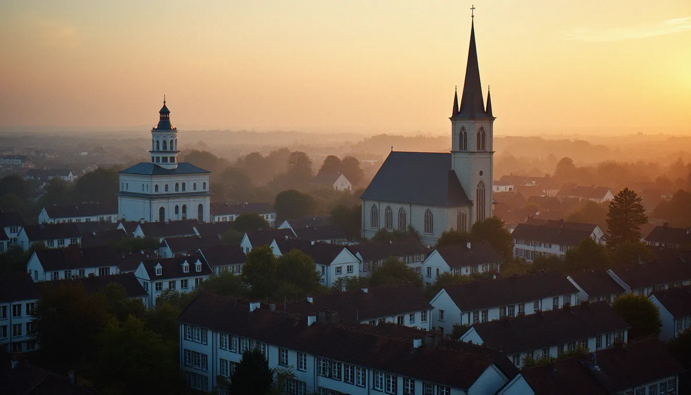 Vue aérienne d'un quartier urbain français montrant une église, une mosquée et un temple protestant côte à côte, représentant la diversité religieuse en France