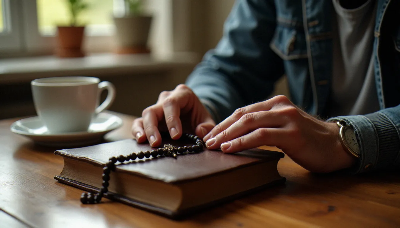Mains d'un homme tenant une Bible et un chapelet sur une table de cuisine, évoquant la foi vécue et l'appartenance religieuse catholique en France