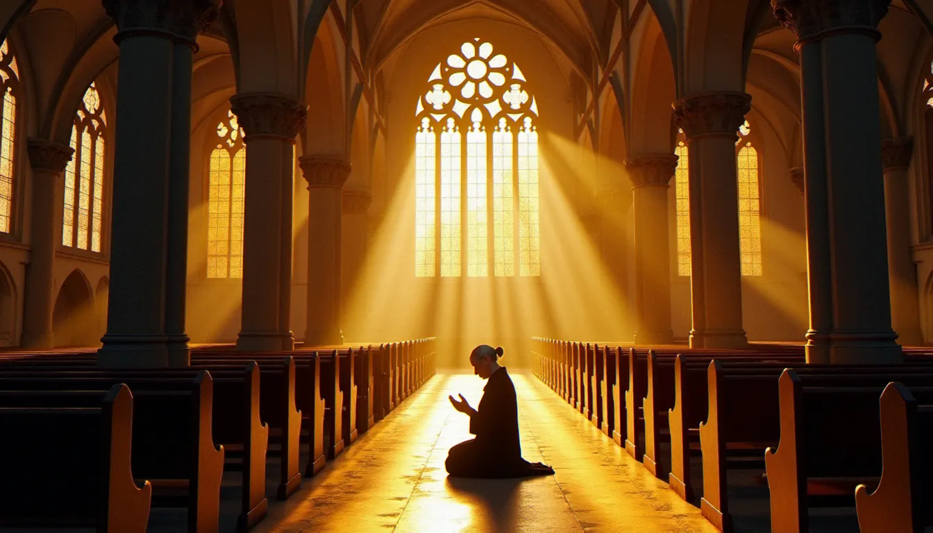 Intérieur d'une cathédrale française au coucher du soleil avec une fidèle en prière, illustrant la pratique religieuse en France et les pourcentages de croyants