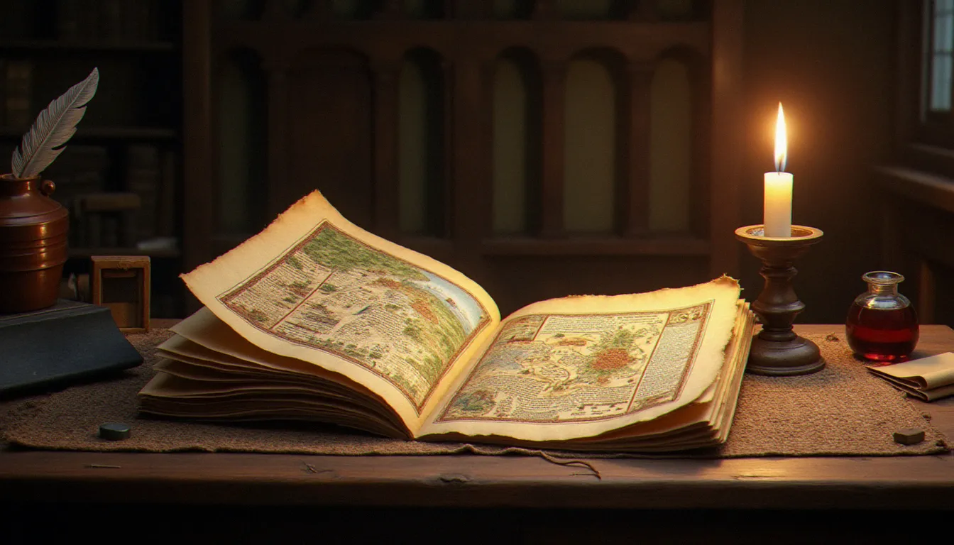 Scriptorium médiéval avec manuscrits enluminés et cartes religieuses sur une table en chêne, évoquant la fondation et la structuration d'une religion dans le guide Civ 5