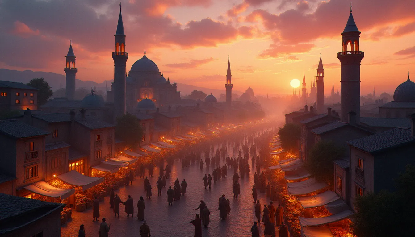 Vue panoramique d'une cité médiévale multiculturelle au crépuscule avec mosquées et clochers côte à côte, illustrant la propagation religieuse par les routes commerciales dans le guide religion Civ 5