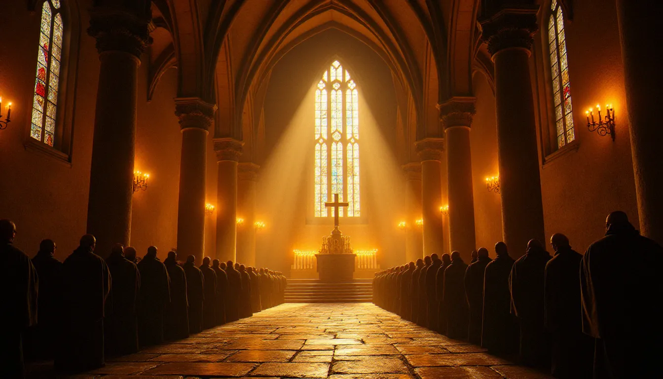 Intérieur d'une cathédrale ancienne éclairée à la bougie avec des moines en prière, illustrant le rôle de la religion comme guide fondateur dans la construction d'une civilisation selon Civ 5