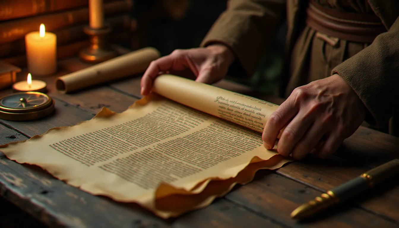 Des mains de chercheur déroulant un manuscrit ancien sur une table entourée d'artefacts religieux et de cartes, évoquant le choix stratégique des croyances dans Civilization 6