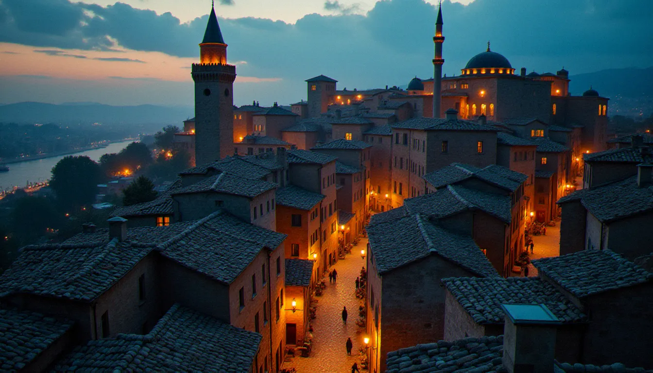 Vue aérienne d'une ville médiévale au crépuscule avec plusieurs tours religieuses visibles sur les toits, symbolisant la propagation de la religion dans les villes de Civilization 6