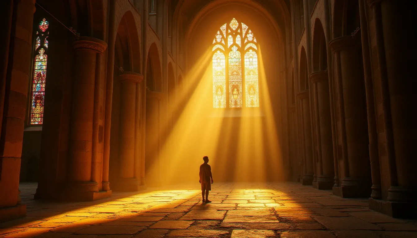 Intérieur lumineux d'une cathédrale médiévale avec un personnage solitaire contemplant la voûte, illustrant la dimension spirituelle du religion guide Civ 6