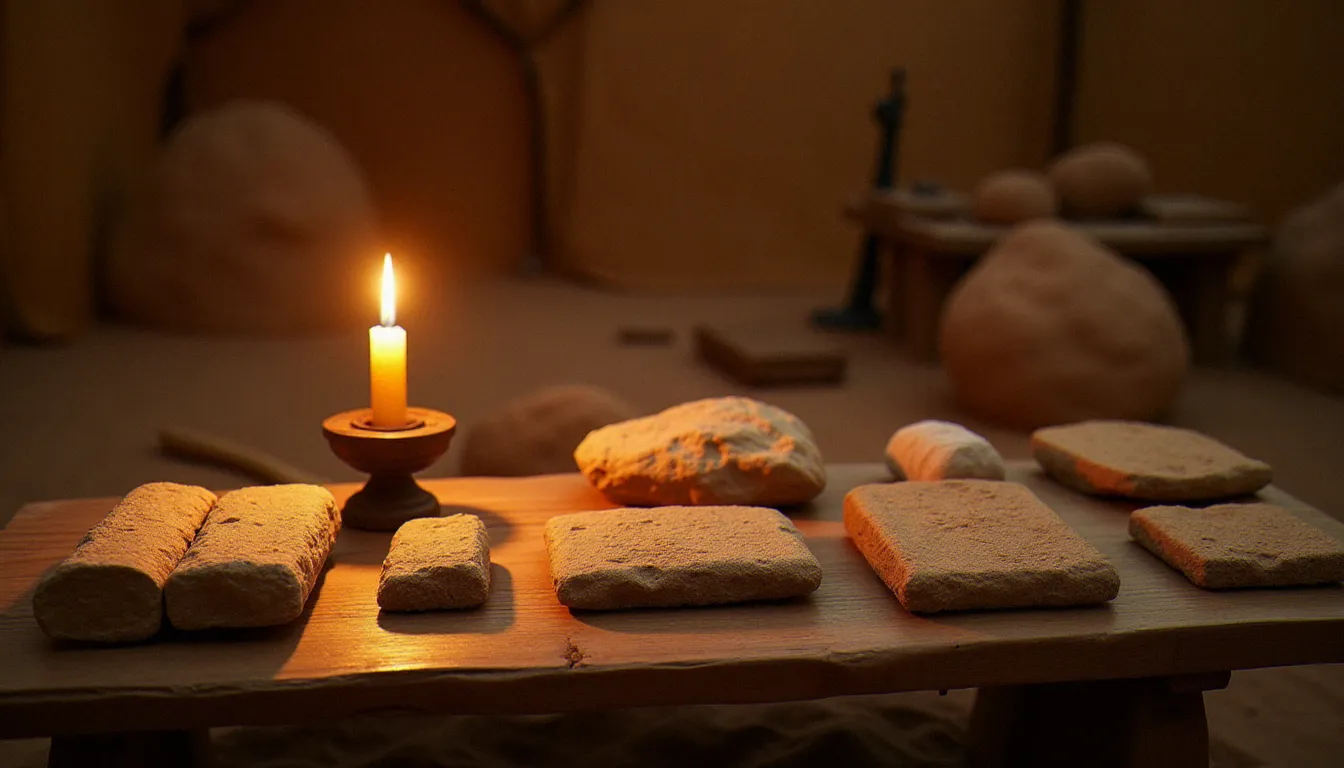 Tablettes de pierre et parchemins anciens sur une table en bois éclairée à la lampe à huile, évoquant la fondation d'une religion dans les premières civilisations