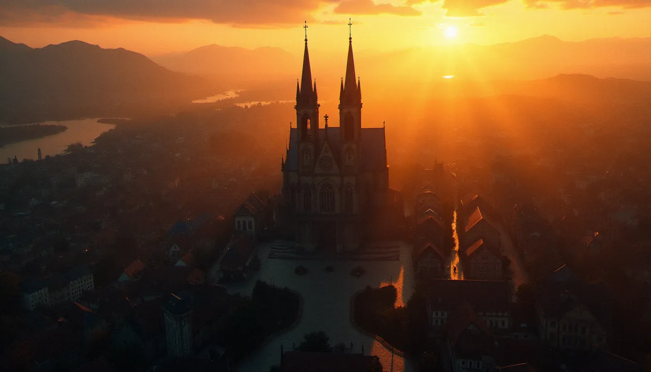 Vue aérienne d'une ville médiévale au coucher de soleil avec cathédrale centrale et routes de pèlerinage, illustrant la propagation d'une religion à travers une civilisation dans Civ 7
