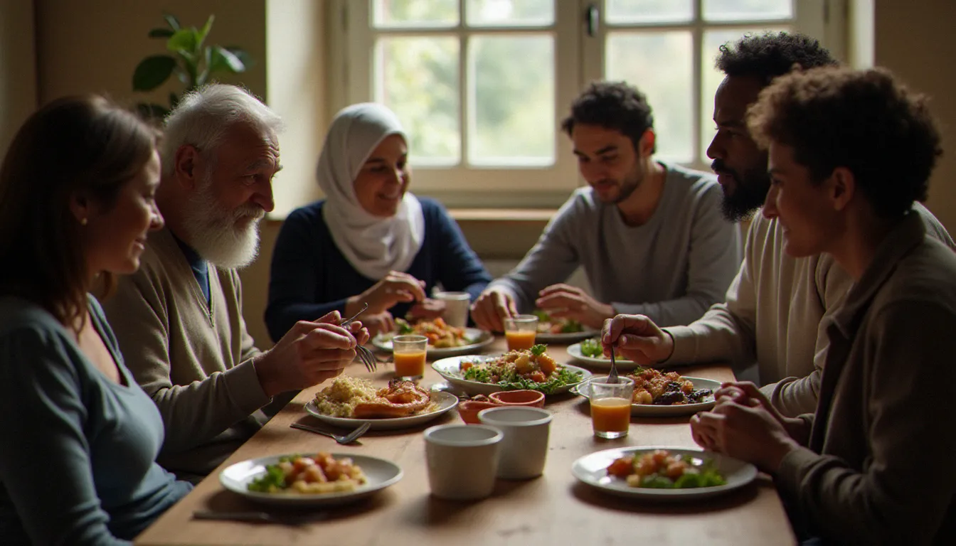 Des personnes de cultures et de croyances différentes partageant un repas dans une association caritative, illustrant la morale universelle et la dignité commune au cœur de la religion naturelle