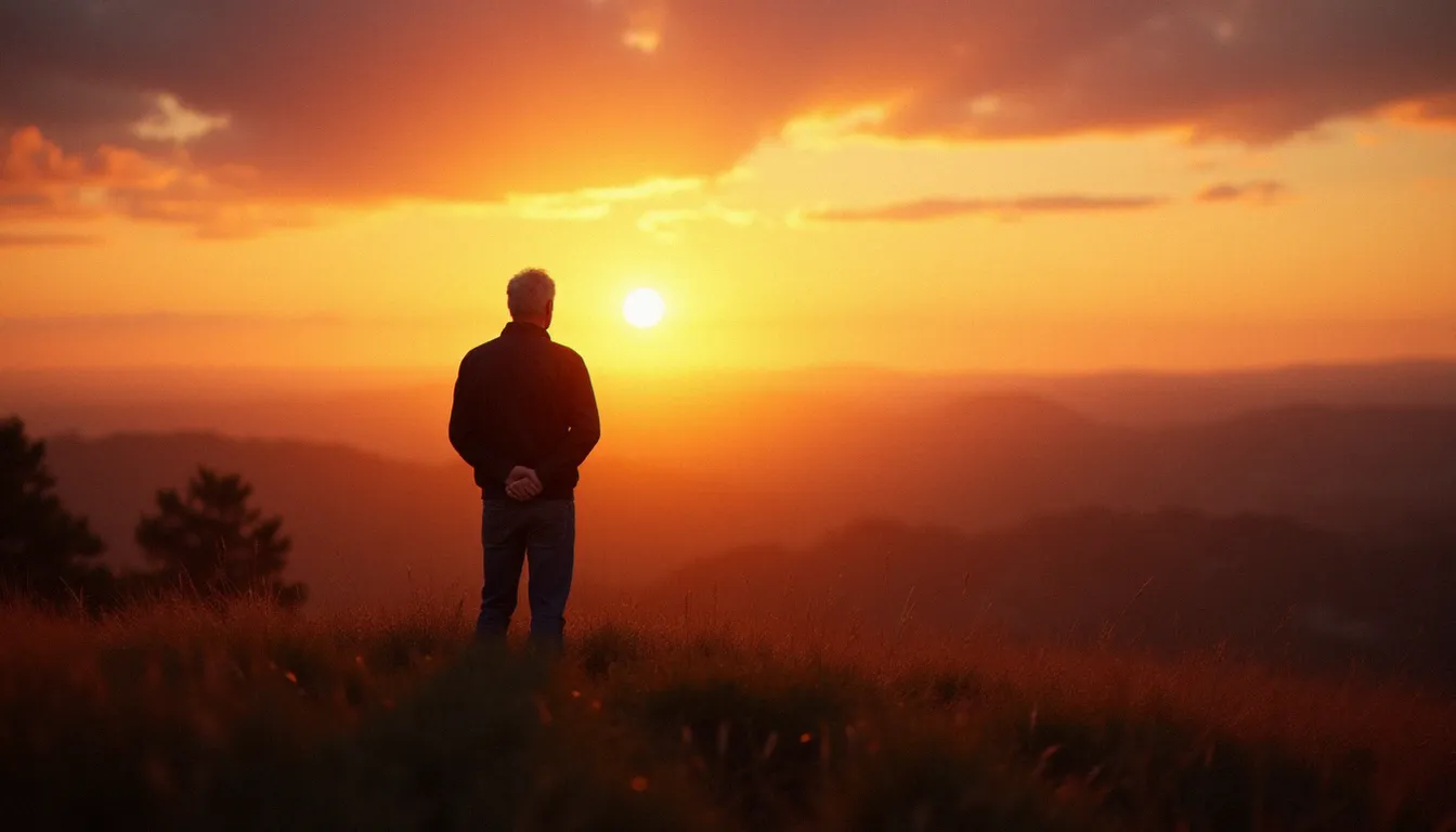 Un homme seul contemplant le ciel au crépuscule dans la campagne française, évoquant la quête intérieure au cœur de la religion naturelle en philosophie