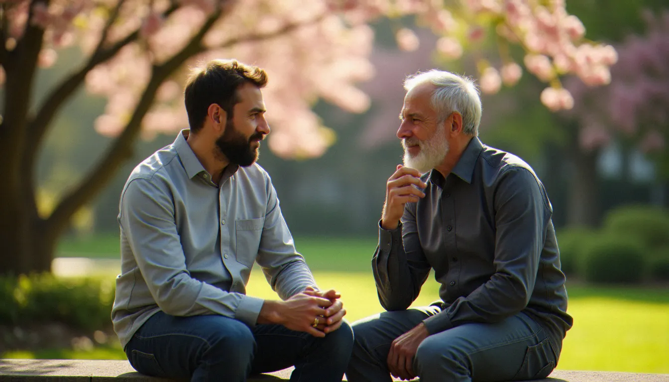 Deux hommes de cultures différentes en dialogue philosophique dans un jardin ensoleillé, symbolisant le dialogue entre religion naturelle et religions révélées