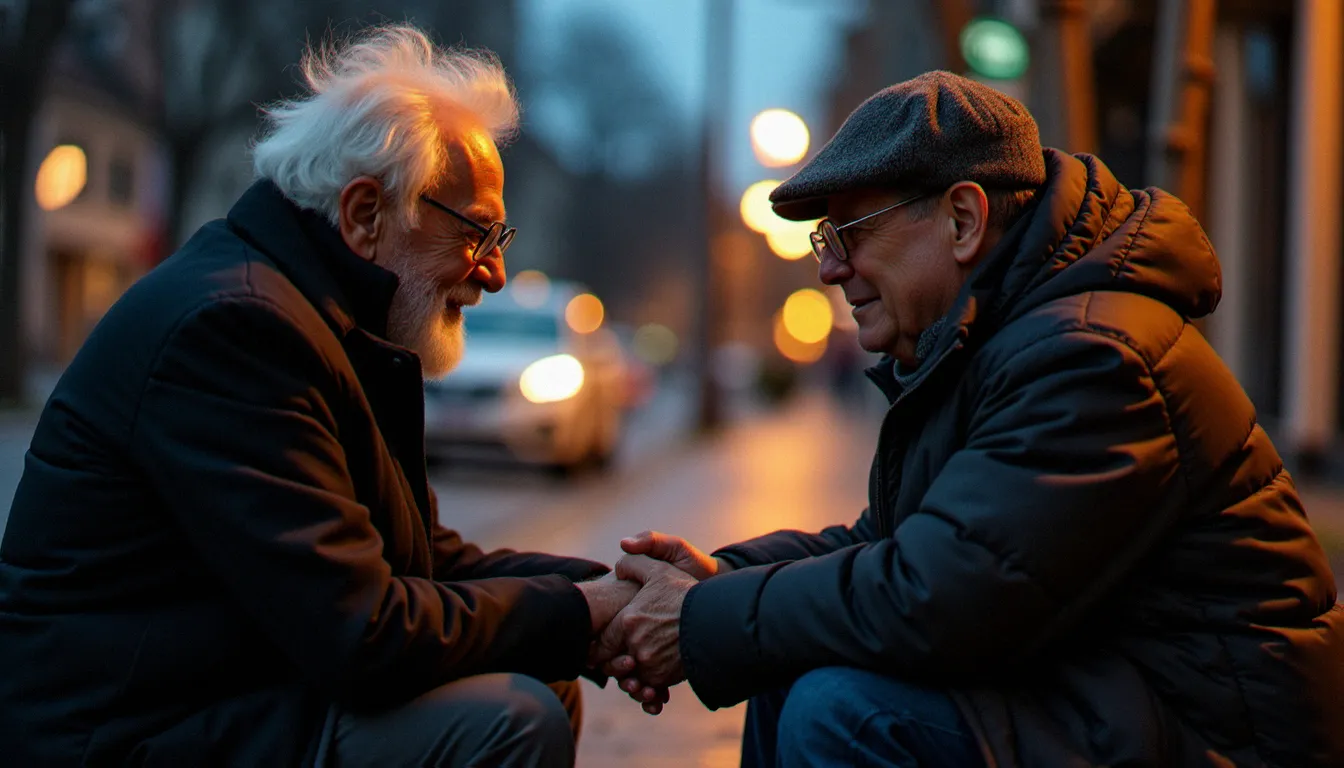 Bénévole âgé tenant les mains d'une personne sans abri dans une rue en soirée, incarnant la solidarité comme expression vivante de la religion naturelle