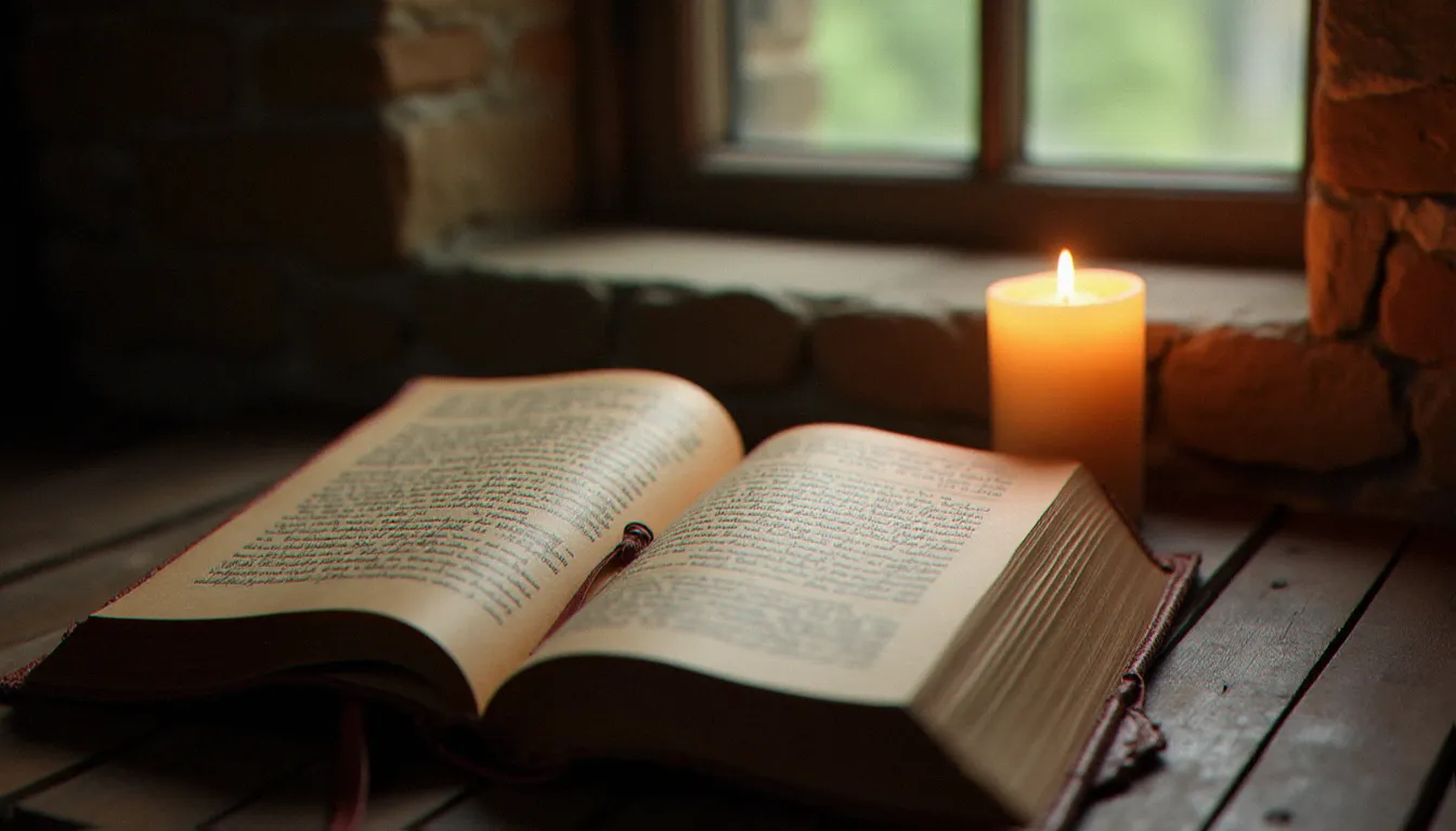 Un livre ancien ouvert à la lumière d'une bougie, évoquant les textes fondateurs des religions révélées