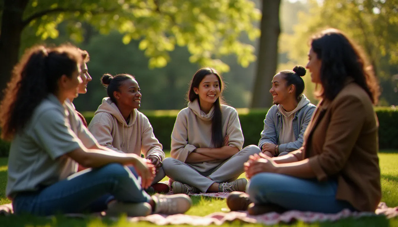 Des personnes de cultures et de traditions religieuses différentes réunies en cercle dans un jardin, illustrant le dialogue entre religion naturelle et révélée