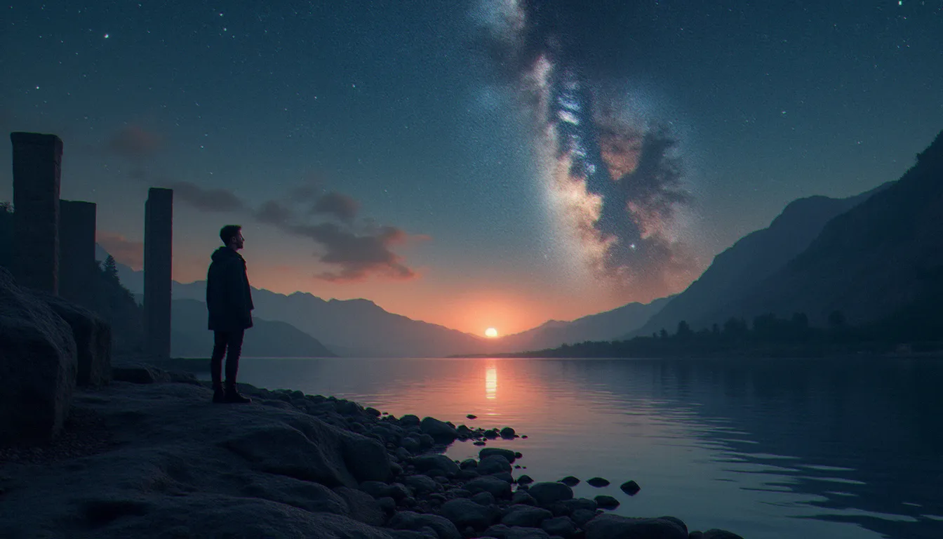 Un homme seul contemple un ciel étoilé au bord d'un fleuve au crépuscule, illustration de la quête entre religion naturelle et révélée