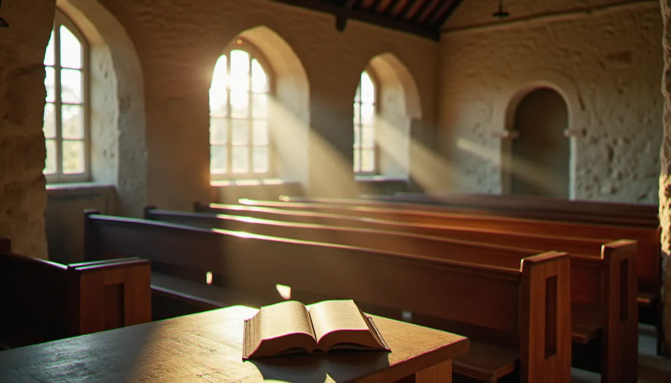 Intérieur d'une chapelle sobre et lumineuse, symbole d'une spiritualité dépouillée de dogmes, en écho à la religion naturelle selon Hume
