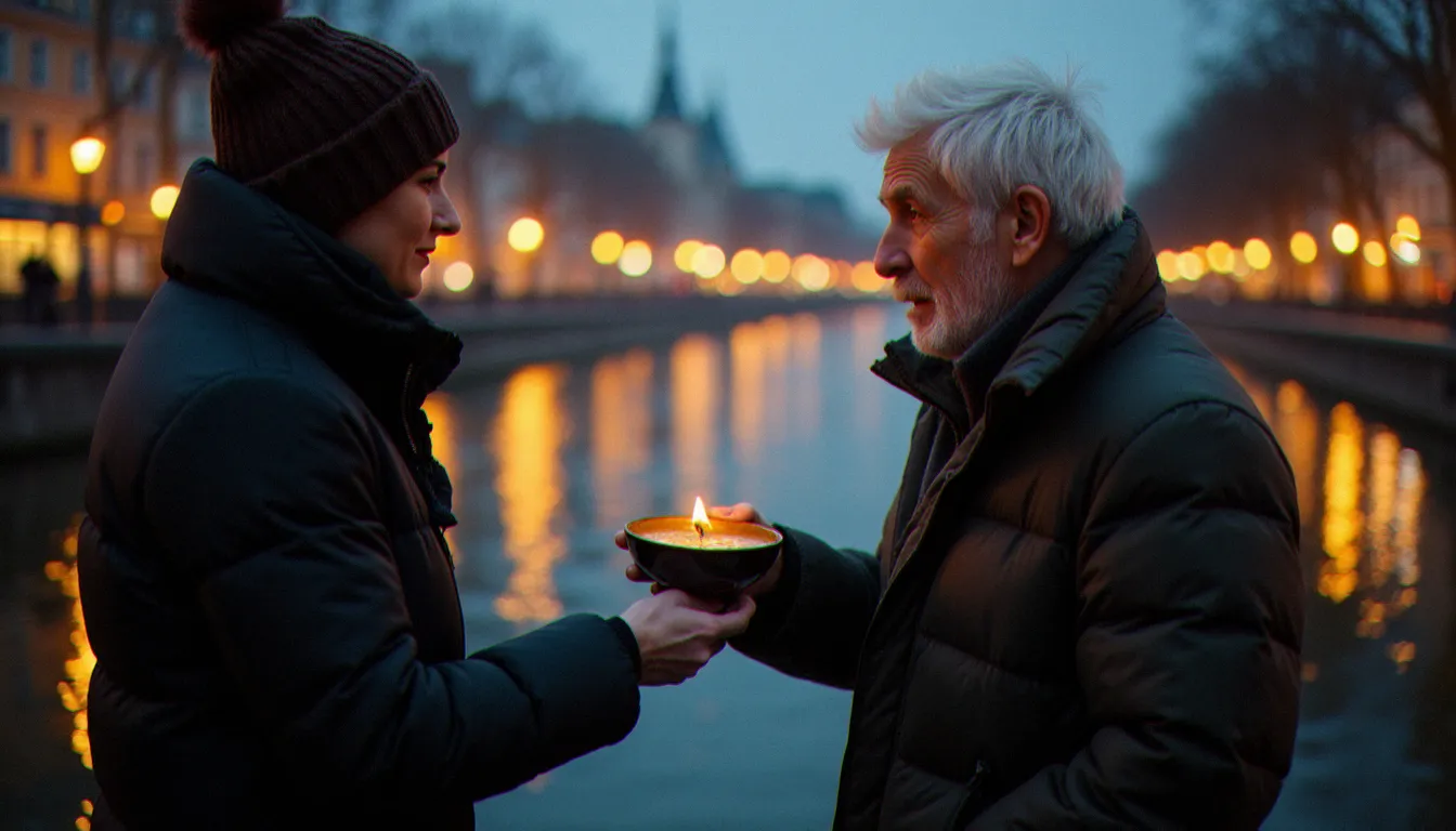 Un bénévole tendant un repas chaud à une personne sans abri au bord d'un fleuve en hiver, illustrant la solidarité comme forme de religion naturelle vécue
