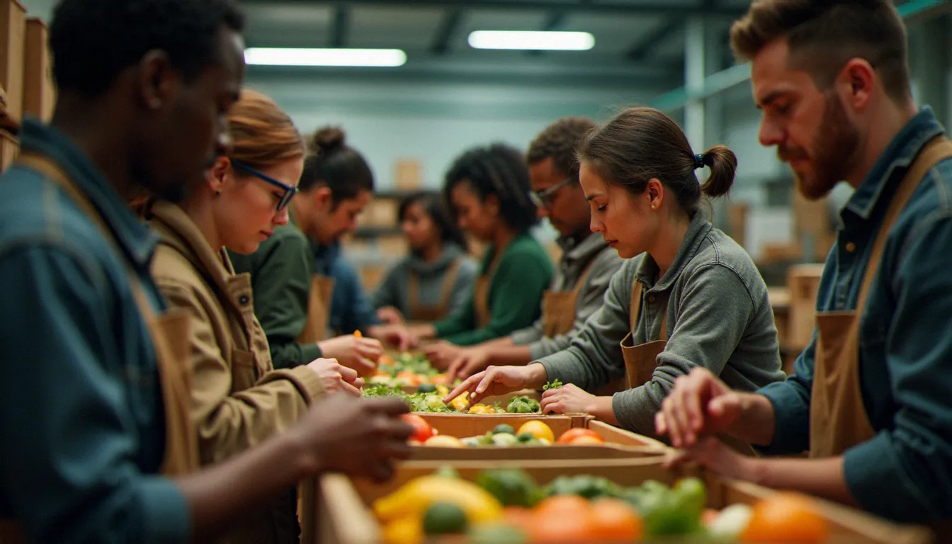 Bénévoles de différentes convictions travaillant ensemble dans un centre de distribution alimentaire, incarnant la solidarité humaine que fonde la religion naturelle en philosophie