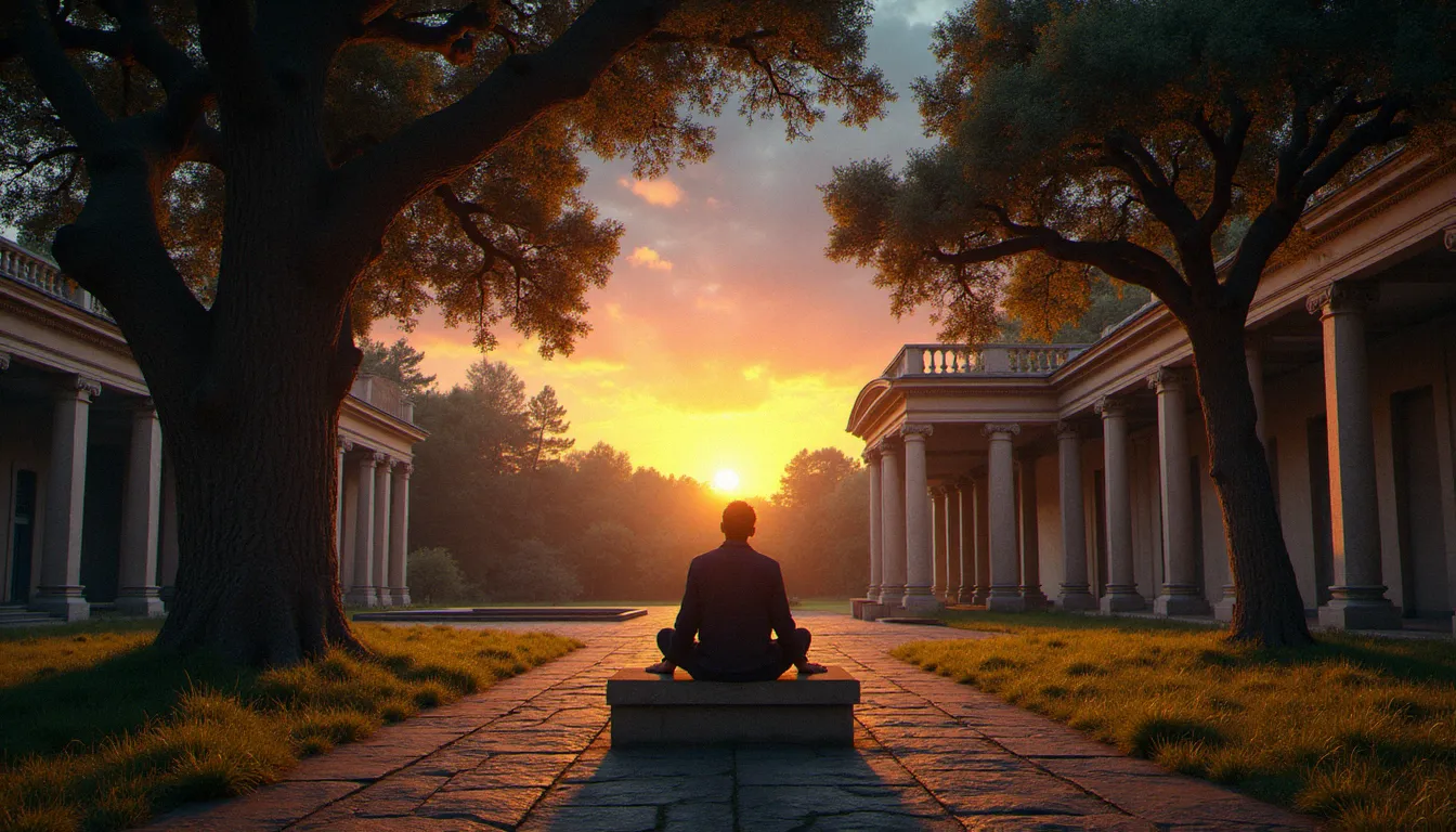 Philosophe méditatif contemplant le ciel étoilé dans un jardin classique, symbole de la religion naturelle et de la quête philosophique du sacré par la raison