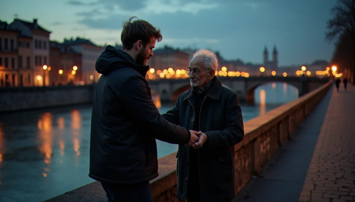 Un bénévole aidant une personne sans-abri sur un pont au crépuscule, illustration contemporaine de la solidarité fondée sur la conscience morale chère à Rousseau