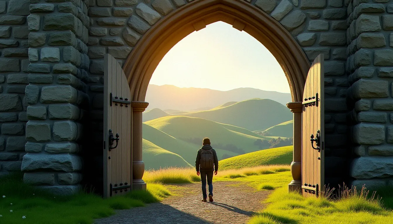 Porte d'église ouverte sur un paysage ensoleillé, symbolisant le passage de la religion révélée à la religion naturelle voltairienne