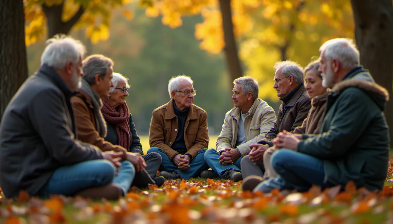 Groupe de personnes de cultures différentes réunies en cercle dans un parc, illustrant la tolérance et la solidarité humaine prônées par la religion naturelle voltairienne