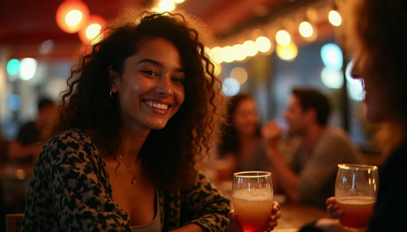 Jeune femme pratiquant la sobriété religieuse dans un café parisien, entourée d'amis lors d'une sortie conviviale