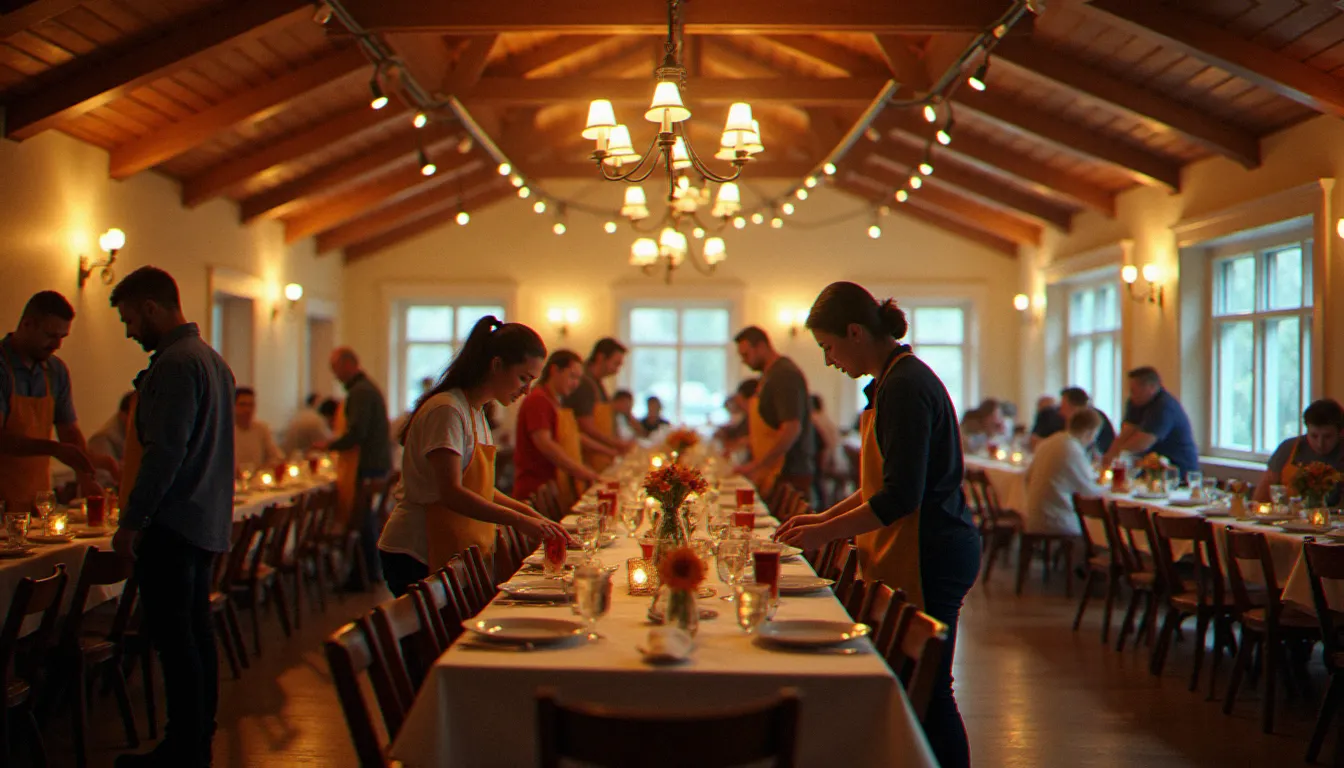 Bénévoles de différentes confessions préparant ensemble un repas communautaire sans alcool dans une salle associative